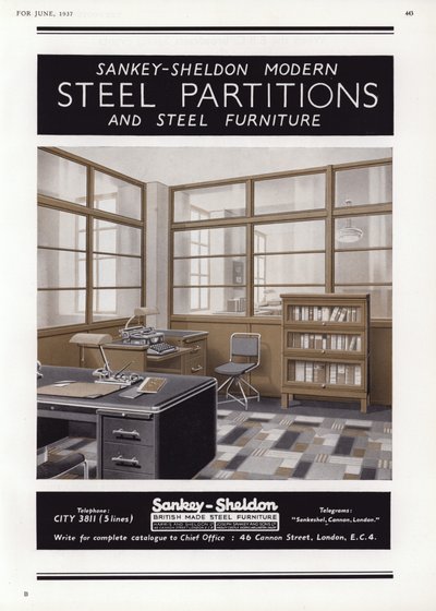 Publicité pour les cloisons en acier Sankey-Sheldon, 1937 - English School