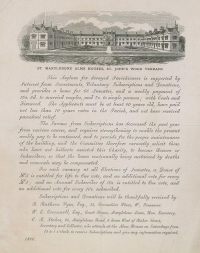 Publicité pour les maisons de charité de St Marylebone - English School