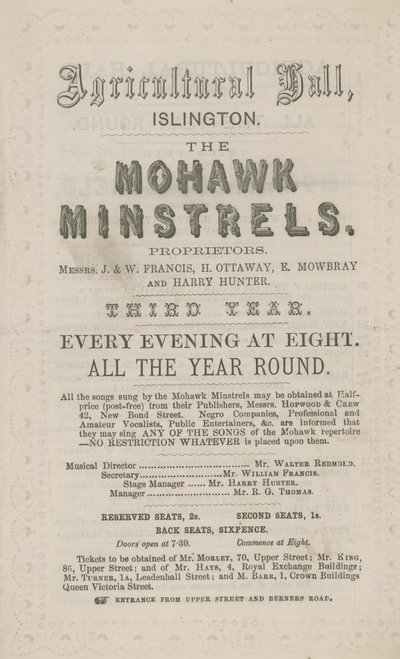 Publicité pour les Mohawk Minstrels au Hall agricole - English School