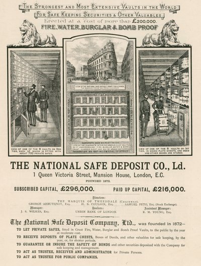 Publicité pour la National Safe Deposit Company, 1 Queen Victoria Street, Mansion House, Londres - English School