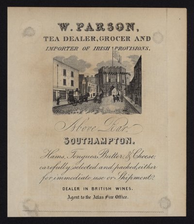 Publicité pour W Parson, marchand de thé, épicier et importateur de provisions irlandaises, Southampton, Hampshire - English School