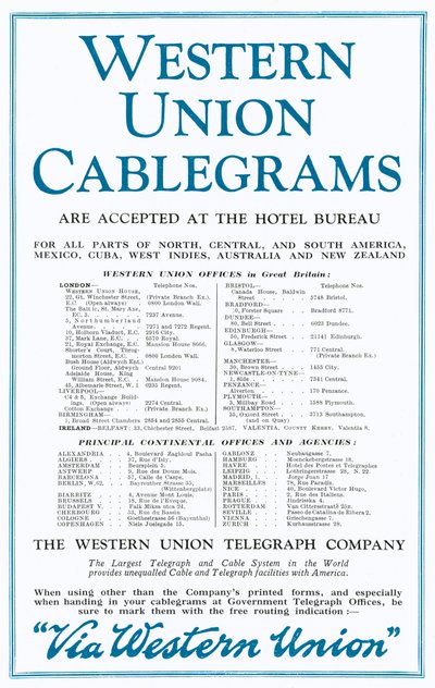 Publicité pour Western Union Cablegrams (lithographie en couleur) - English School