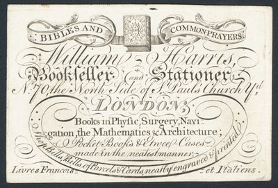 Publicité pour William Harris, libraire et papetier, Londres - English School