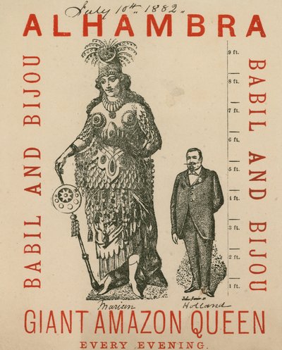 Publicité pour le Royal Alhambra Theatre, avec Babil et Bijou, Reine géante des Amazones - English School
