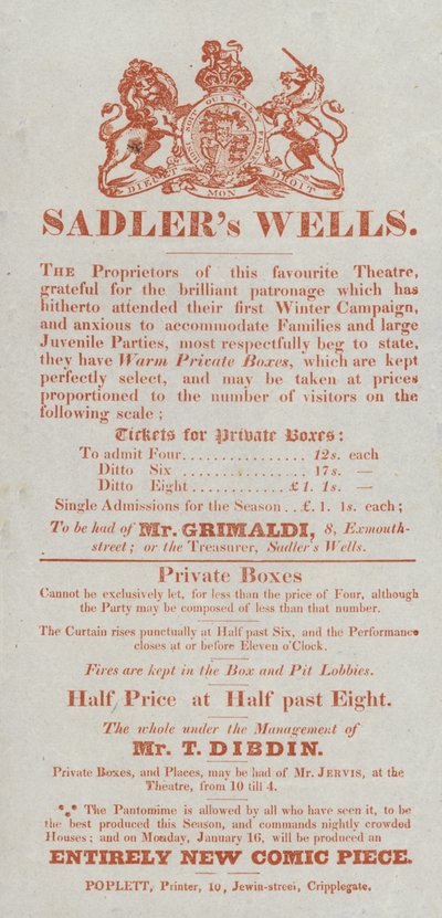 Publicité pour le théâtre Sadlers Wells - English School