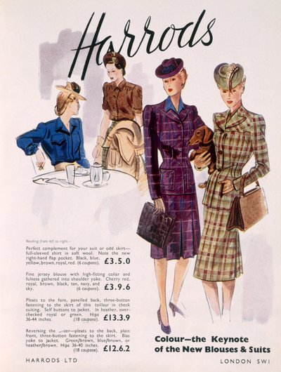 Publicité pour des blouses et costumes pour femmes chez Harrods, 1945 - English School