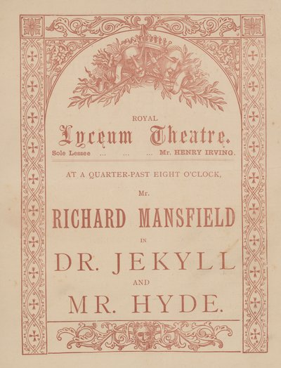Carte publicitaire pour le Lyceum Theatre, Dr Jekyll et Mr Hyde avec Richard Mansfield - English School