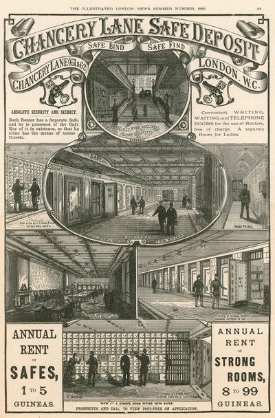 Publicité pour le Chancery Lane Safe Deposit, 61-62 Chancery Lane, Londres - English School