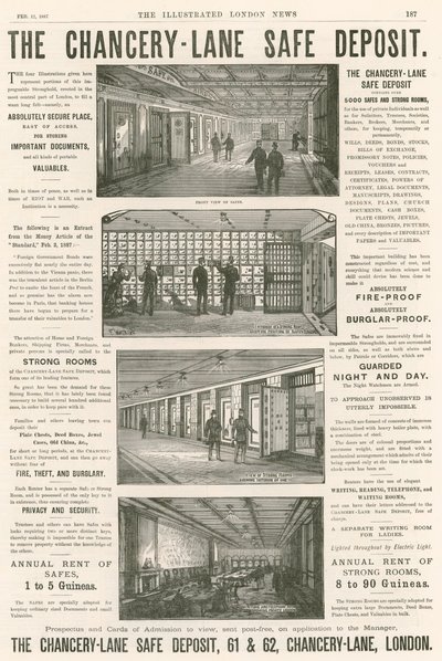 Publicité pour le Chancery Lane Safe Deposit, 61-62 Chancery Lane, Londres - English School