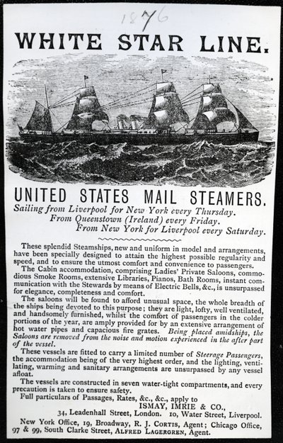 Publicité pour la White Star Line, 1876 - English School