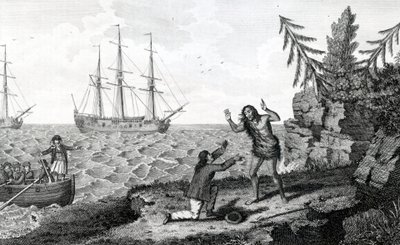 Entrevue émouvante de deux hommes Mokito, illustration tirée des Voyages et Voyages de Moore - English School