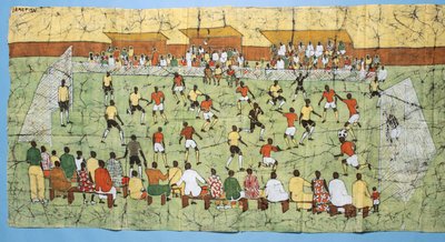 Batik africain illustrant un match de football avec des foules regardant dans les tribunes - English School