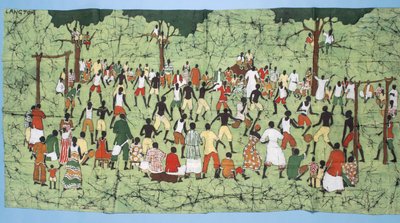Batik africain, illustrant un match de football avec des spectateurs regardant - English School