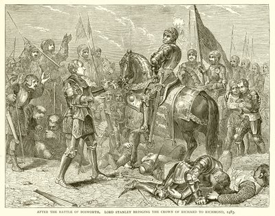 Après la bataille de Bosworth. Lord Stanley apportant la couronne de Richard à Richmond, 1483 - English School