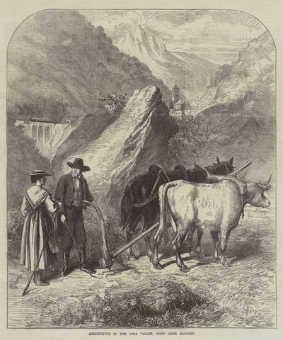 Agriculture dans la vallée de la Dora, chemin de fer du Mont-Cenis (gravure) - English School