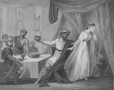 Alboin, roi des Lombards, exigeant que sa femme Rosamund boive dans sa coupe préférée, faite du crâne de son père Cunimund, roi des Gépides - English School