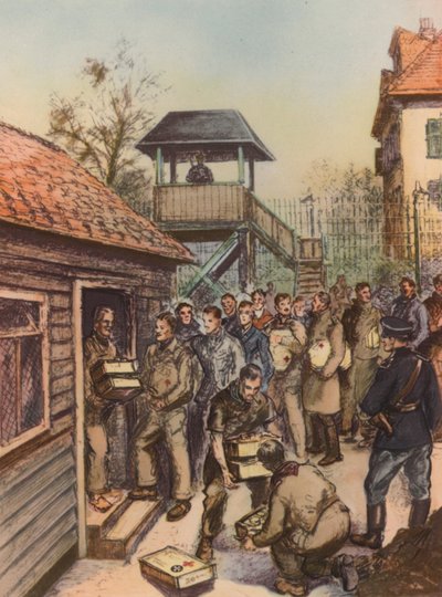 Prisonniers de guerre alliés recevant des colis de la Croix-Rouge dans un camp de prisonniers allemand, Seconde Guerre mondiale - English School