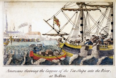 Les Américains jetant les cargaisons des navires de thé dans la rivière, à Boston, de l