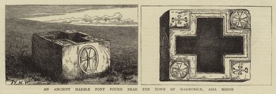 Une ancienne fontaine en marbre trouvée près de la ville de Marmorice, Asie Mineure (gravure) - English School