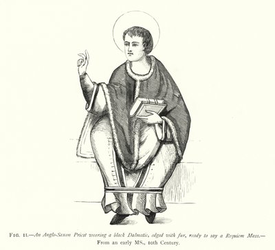 Un prêtre anglo-saxon portant une dalmatique noire, bordée de fourrure, prêt à dire une messe de requiem - English School