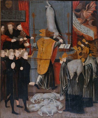 Allégorie anti-catholique avec portraits de Stephen Gardiner, évêque de Winchester et des évêques Bonner et Tunstall en tant que loups, et avec les corps de Hooper, Cranmer, Goodrich, Ridley Latimer et Rogers en tant qu