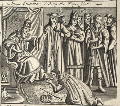 Un empereur baisant les pieds du pape, illustration des Actes et Monuments de John Foxe, neuvième édition, pub. 1684 - English School