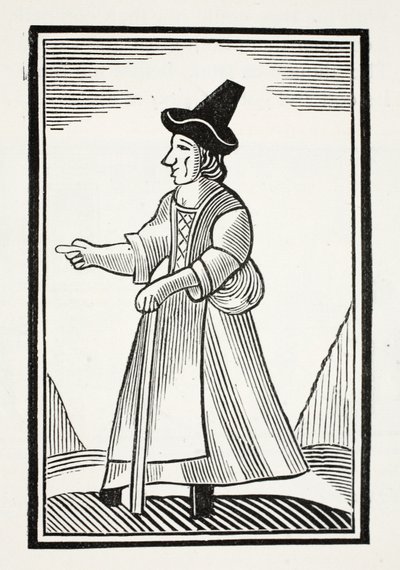 Une vieille femme grondant avec un chapeau haut couronné, illustration de Chap-books du XVIIIe siècle par John Ashton, pub. 1882 - English School
