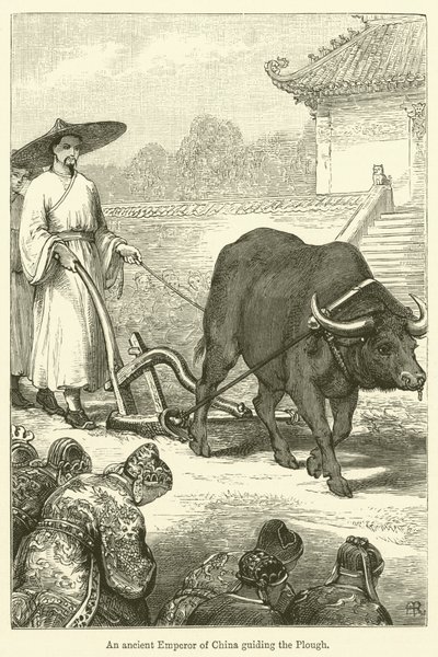 Un ancien empereur de Chine guidant la charrue (gravure) - English School