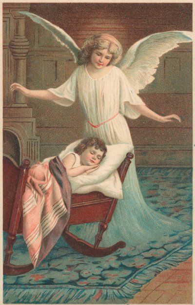 Un ange veillant sur un enfant dormant dans un berceau - English School