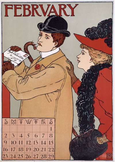Un couple élégant (un homme poste une lettre), image de calendrier anglais, mois de février, fin du 19e siècle - English School