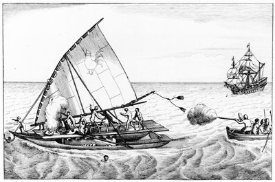 Un incident lors de la circumnavigation du monde par Le Maire (c.1585-1616) et Schouten (c.1567-1625) en 1615-16, du Volume II de Chronological History of the Voyages and Discoveries in the South Sea - English School