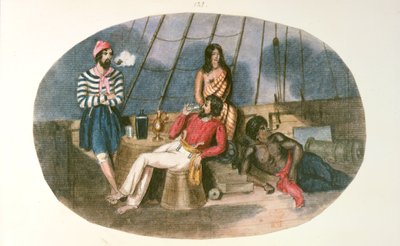 Un officier et un marin avec des indigènes à bord d
