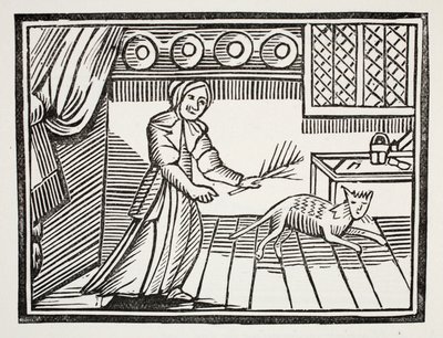 Une vieille femme fouettant son chat pour avoir attrapé des souris un dimanche, illustration de Chap-books du XVIIIe siècle par John Ashton, pub. 1882 - English School