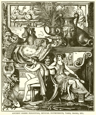 Mobilier grec ancien, instruments de musique, vases, masques, etc. (gravure) - English School