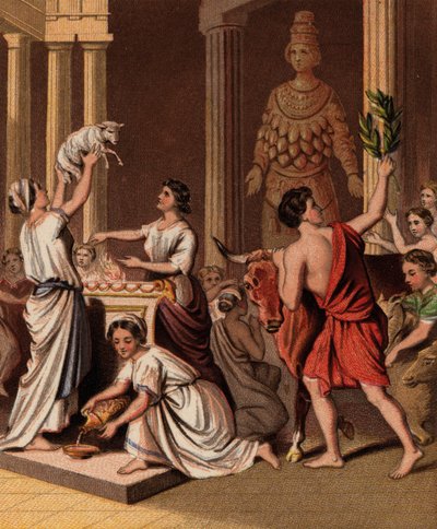 Grecs anciens avec leurs animaux dans un temple - English School