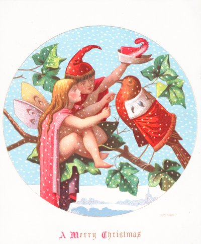 Ange et lutin habillant un rouge-gorge, Carte de Noël - English School