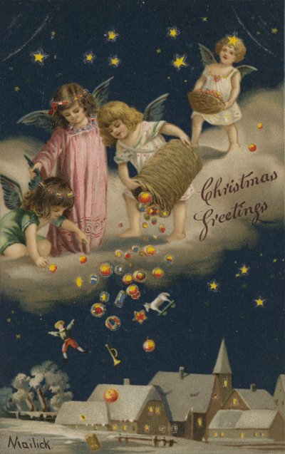 Anges versant des cadeaux de Noël sur la terre - English School