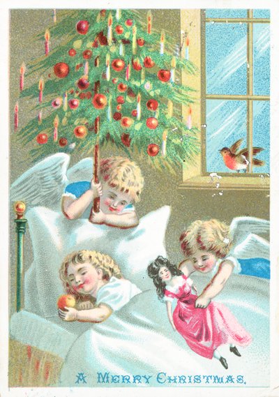 Anges veillant sur un enfant au lit, Carte de Noël - English School