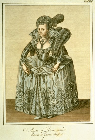 Anne de Danemark (1574-1619) épouse de Jacques I, illustration de The Complete View of the Dress and Habits of the People of England Volume II, publié en 1799 - English School