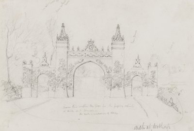 Arc à Wothorp, Cambridgeshire, érigé pour accueillir la reine Victoria et le prince Albert en route vers Burghley House - English School