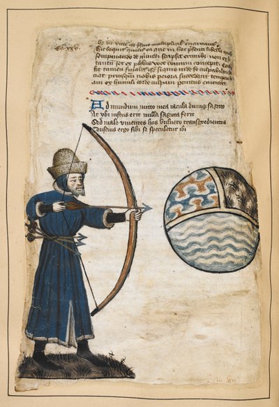 Archer (John Gower ?) tirant des flèches sur le monde pour frapper les méchants, illustration de 