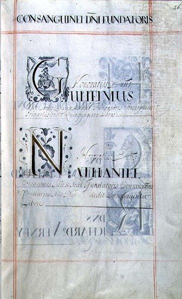Archive 3693 f.46 Page listant trois bienfaiteurs du New College, Oxford: Gulielmus, Nathaniel, d