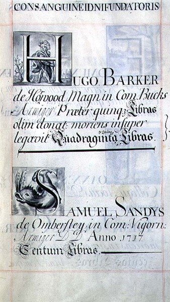 Page listant deux bienfaiteurs du New College, Oxford; Hugo Barker et Samuel Sandys, d