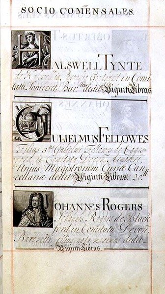 Page listant trois bienfaiteurs du New College, Oxford; Halswell Tynte, Gulielmus Fellowes et Johannes Rogers, d