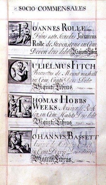 Page listant quatre bienfaiteurs du New College, Oxford; Joannes Rolle, Gulielmus Fitch, Thomas Hobbs Weeks et Johannes Bassett, d