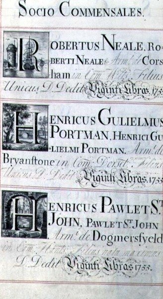 Page listant trois bienfaiteurs du New College, Oxford; Robertus Neale, Henricus Gulislmus Portman et Henricus Pawlet St. John - English School