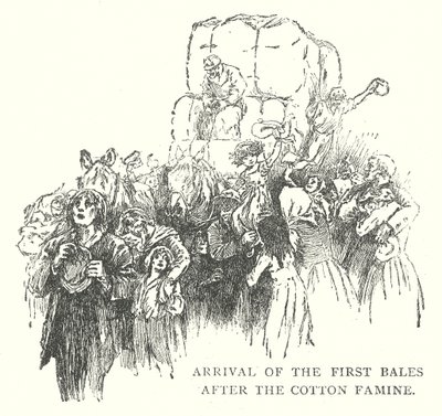 Arrivée des premières balles après la famine du coton (gravure) - English School