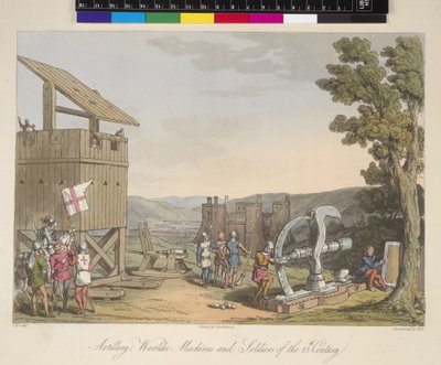 Artillerie, machines de siège et soldats du 15ème siècle, illustration de 