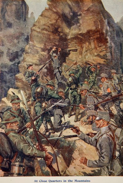 Au corps à corps dans les montagnes, illustration de Told in the Huts: The YMCA Gift Book, publié en 1916 - English School