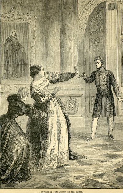 Attaque de Don Miguel sur sa sœur, tirée de Cassells Illustrated History of England, 1857-1858 - English School